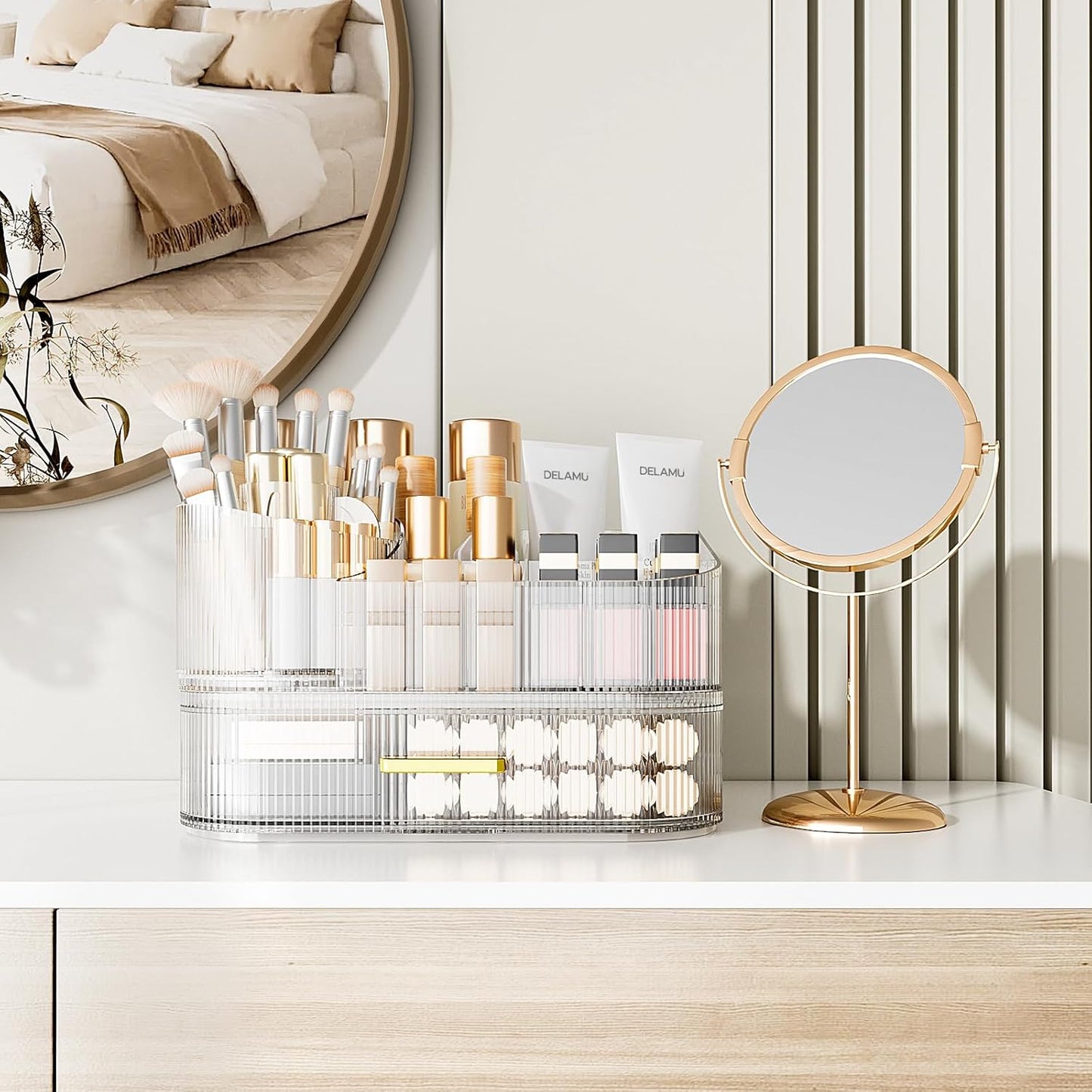 Makeup Organizer for Vanity with Stackable Drawers, 360 Rotating Makeup Brush Holder Large Cosmetic Display Case for Dresser, Bathroom Countertop Skincare Organizers and Storage, Crystal Clear