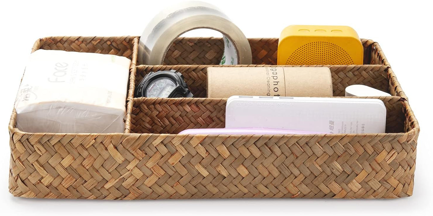 Seagrass Storage Basket with Compartments Utensil Tray for Organization Silverware Flatware Rectangular Shelf Baskets with 4 Sections Natural