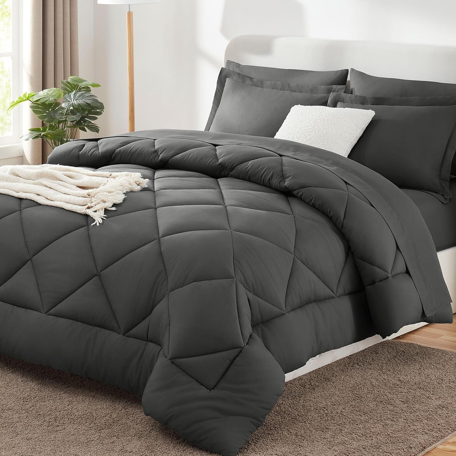 California King Comforter Set with 7 Pieces Bed in a Bag Dark Grey Cal King All Season Bedding with Comforter, Pillow Shams, Flat Sheet, Fitted Sheet and Pillowcases