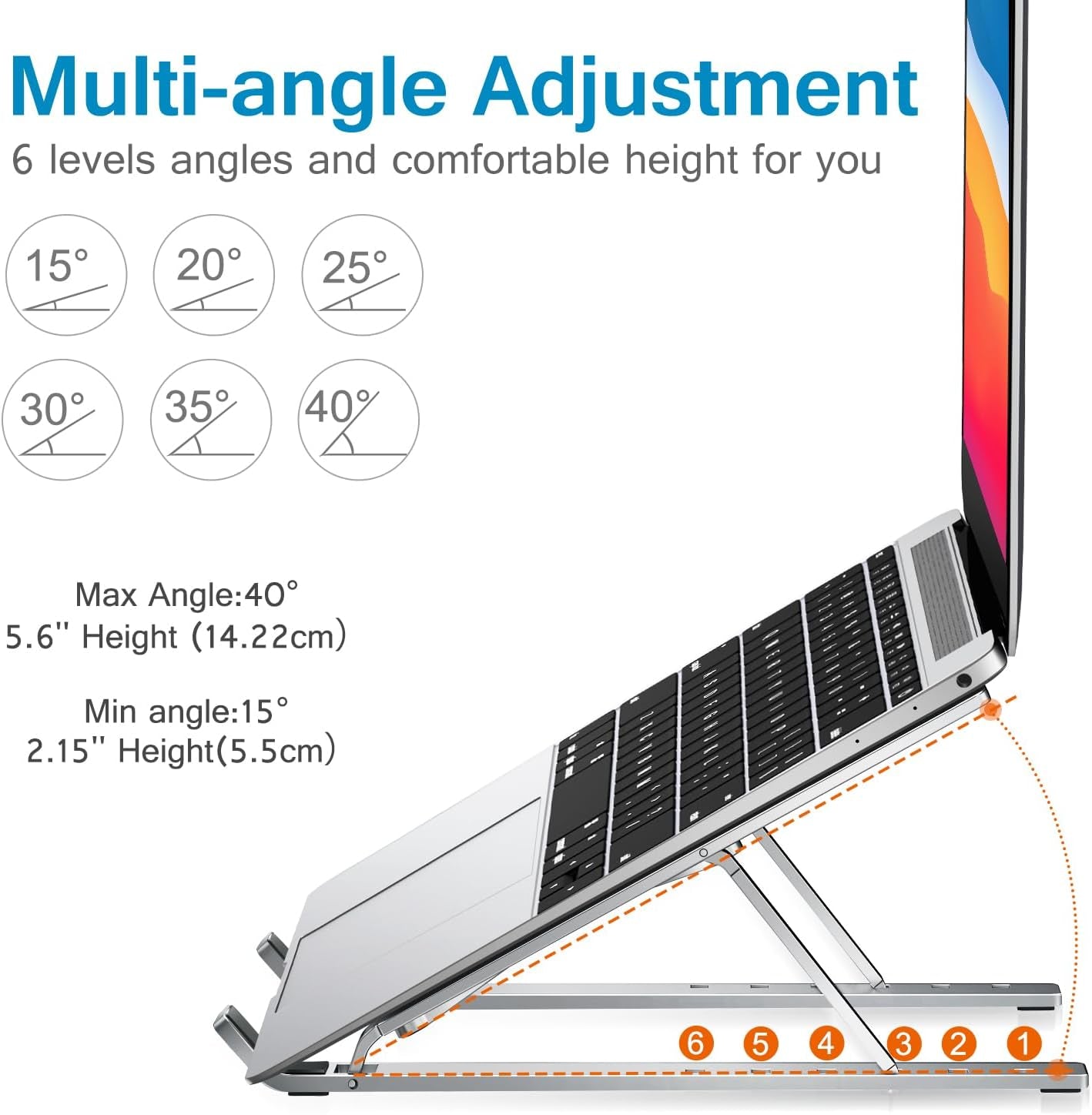 Laptop Stand, Laptop Holder Riser Computer Tablet Stand, 6 Angles Adjustable Aluminum Ergonomic Foldable Portable Desktop Holder Compatible with 10-15.6” Macbook,Ipad, HP, Dell, Lenovo Silver