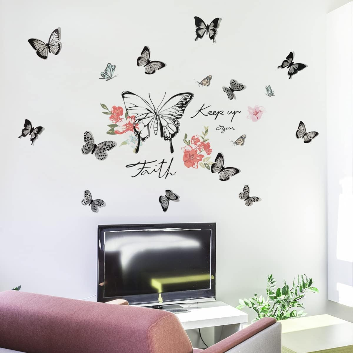 Butterfly Wall Decor Flower Vinyl Peel and Stick Big Wall Art Stickers Posters Decorations for Living Room Bedroom