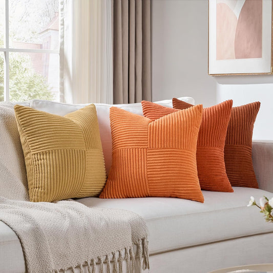 Set of 4 Boho Fall Decorative Throw Pillow Covers 18X18 Inch for Couch Bed Sofa Bedroom, Modern Farmhouse Home Decor, Soft Cross Striped Corduroy Patchwork Colorful Cushion Case 45X45Cm