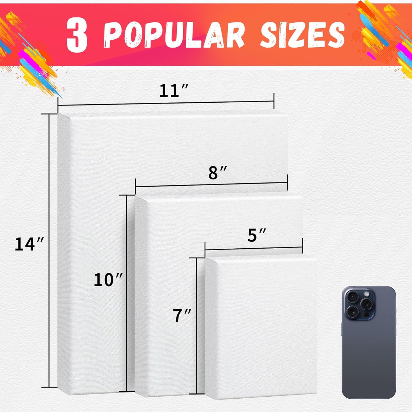 Stretched Canvas for Painting, 5"X7", 8"X10", 11"X14", Pack of 3, Pre-Primed Canvases Wood Framed, Blank White Painting Canvas Boards for Acrylic, Oil and Gouache Painting