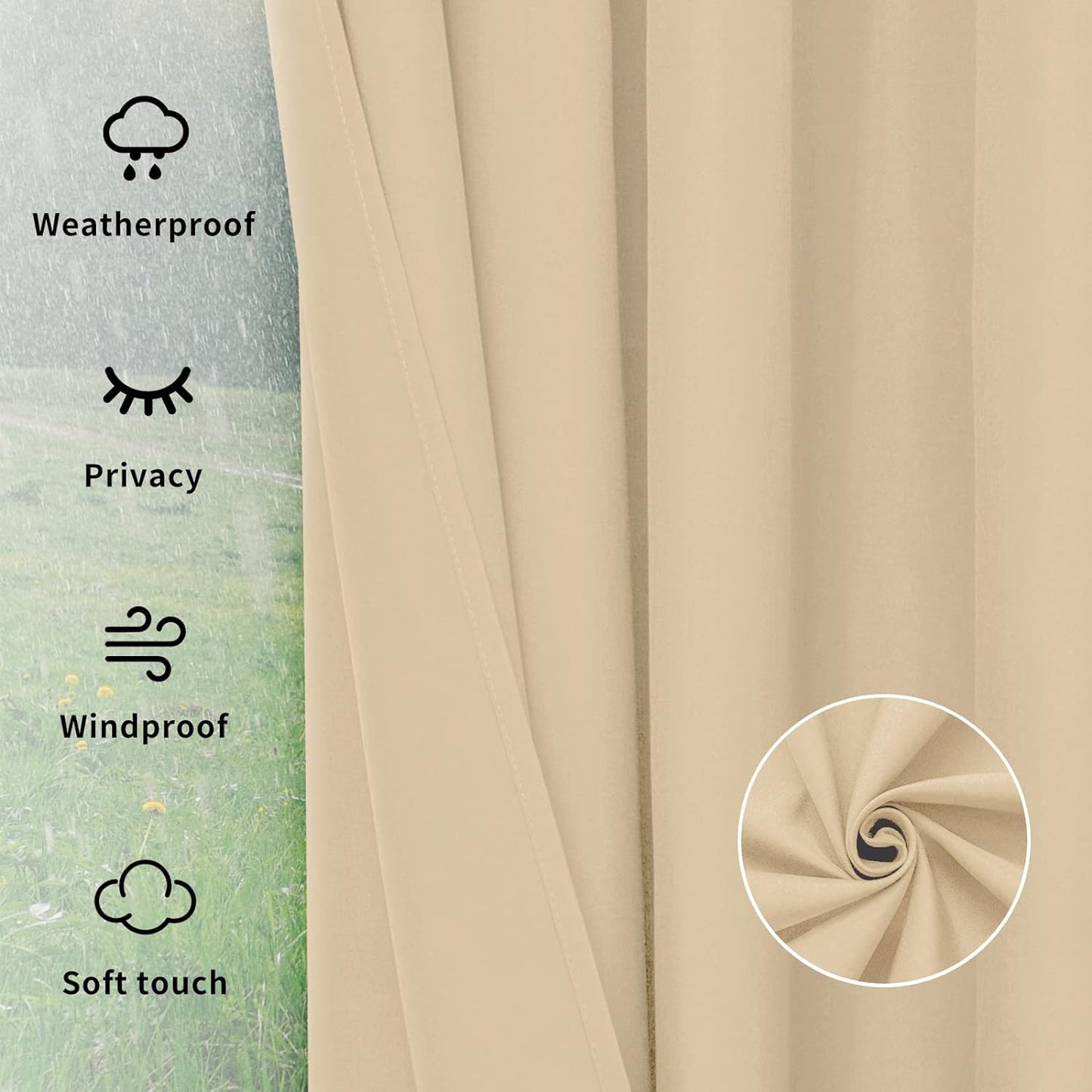 Outdoor Curtains Waterproof Windproof Weatherproof Curtain for Patio, Cabana, Porch, Pergola and Gazebo, Grommet Top and Tab Bottom Drape, 1Panel, 54X84 Inch, Beige