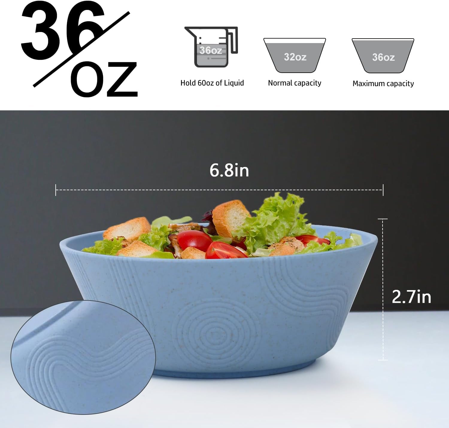 Alternatives 36Oz Cereal and Soup Bowls Set of 6 - Microwave and Dishwasher Safe, Sky Blue