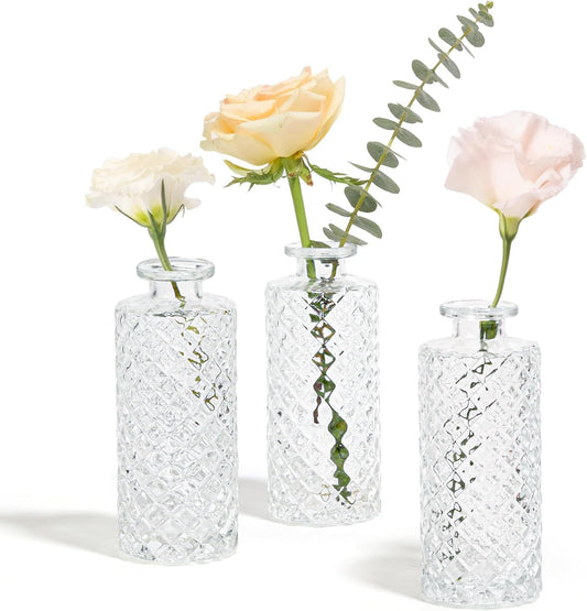 Glass Bud Vases Set of 3, Small Flower Vases in Bulk, Mini Diamond Vases for Centerpieces, Clear Vintage Vase for Table Decorations, Wedding, Party, Receptions, Home Decor