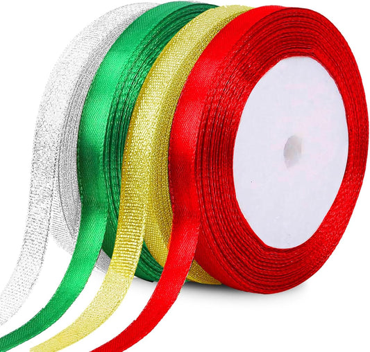 4Color Curling Ribbons for Crafts Satin Ribbons Glitter Ribbon for Gift Wrapping Crafts Supplies Christmas Wedding Party Decoration Sewing Hair Bows Ribbon for Gold, Red, Green, Silver