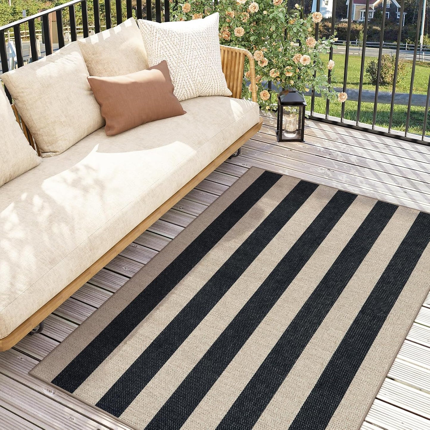 Striped Easy Jute Outdoor Patio Rug, 3X5 Washable Rugs for Entryway Porch, Farmhouse Neutral Non Shedding Indoor Outdoor Carpet for Entry Kitchen Guestroom Deck Foyer