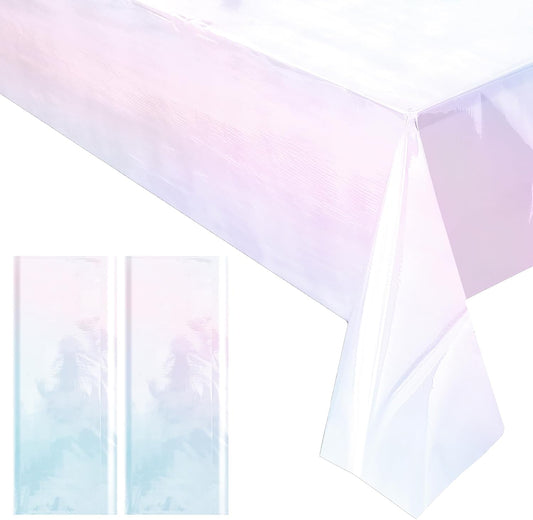 Iridescent White Tablecloth Set, 40 x 108 Inches, Disposable Shiny Laser Table Covers, Holographic Glitter Plastic Tablecloths for Event Decoration, Weddings, and Banquets