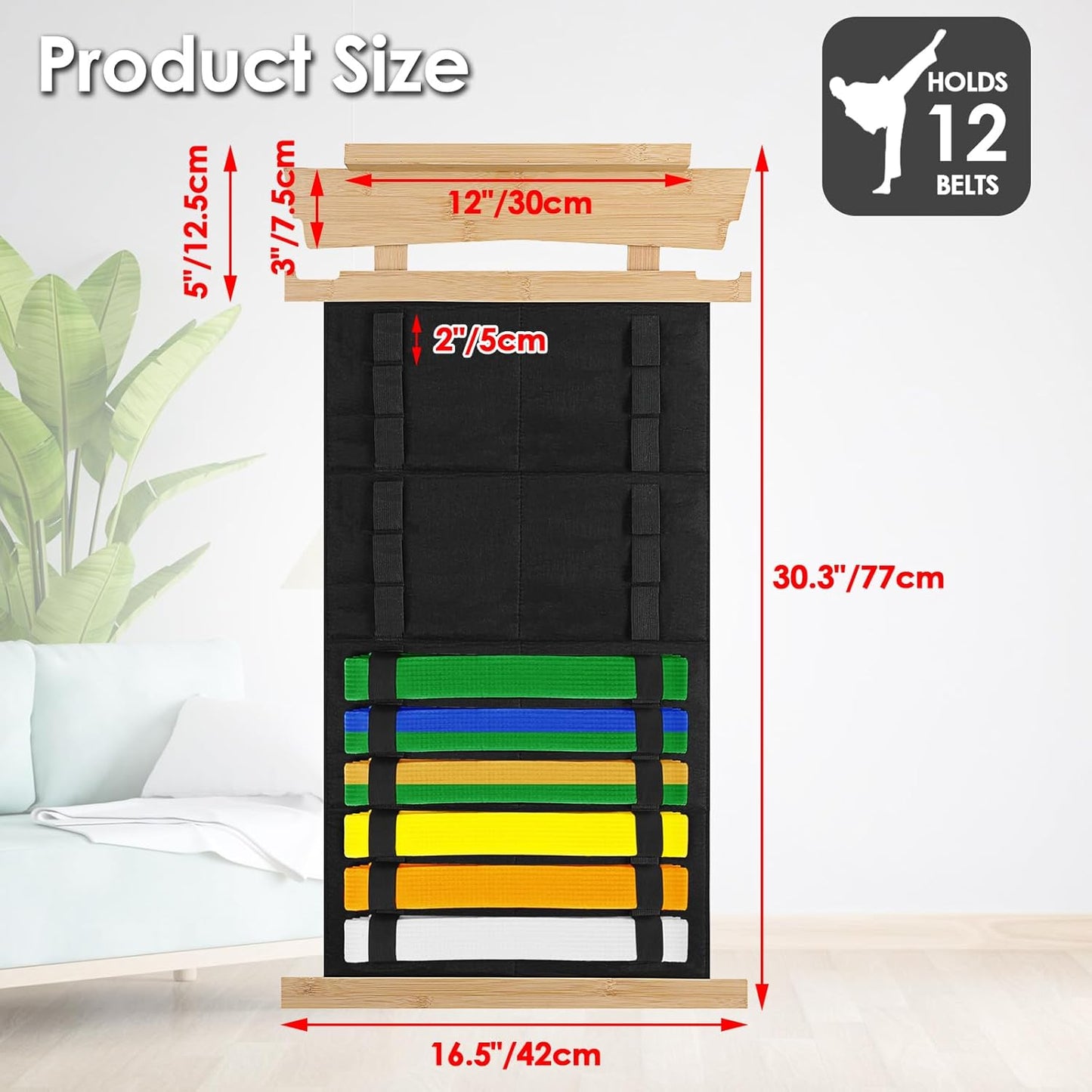 12-Belt Martial Arts Display Rack with Personalized Stickers, Bamboo Trophy Holder for Taekwondo, Karate, and BJJ Belts