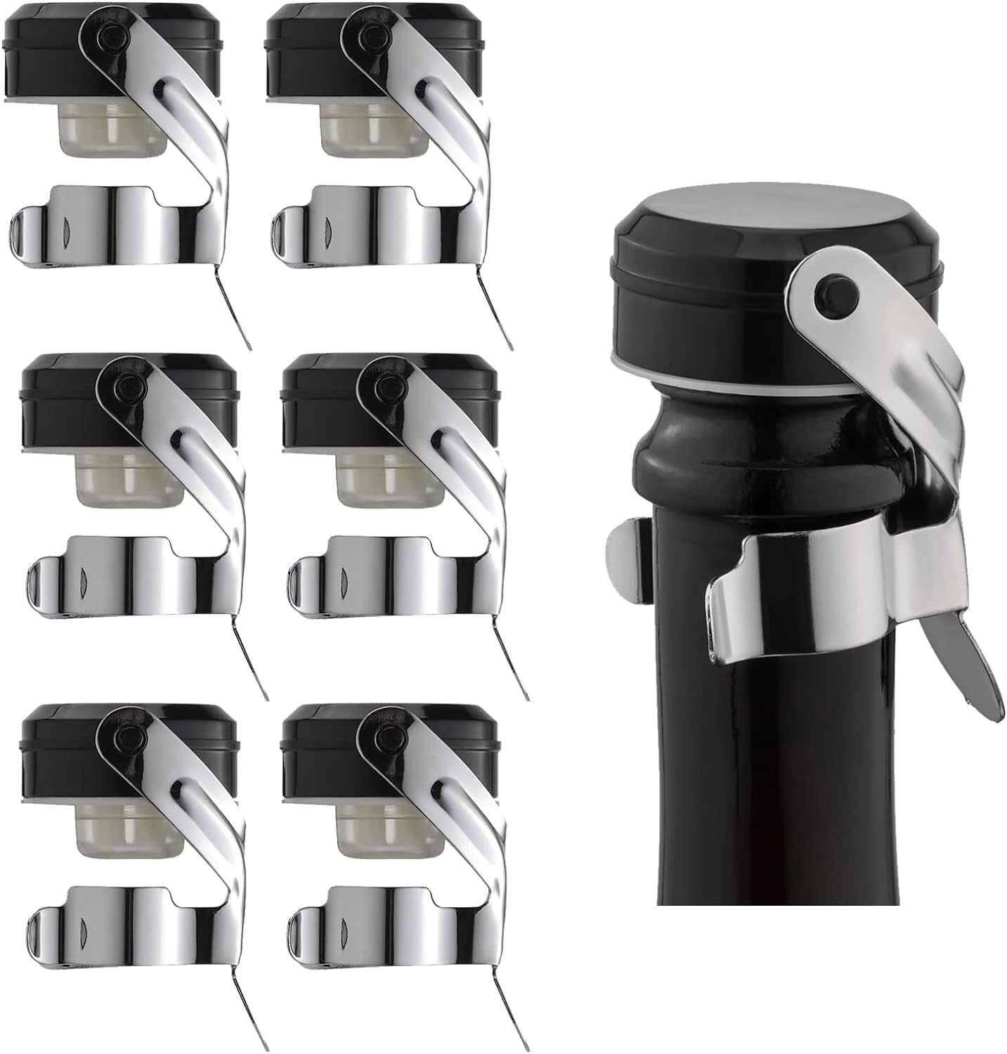 Champagne&Wine Bottle Stoppers Stainless Steel with Food Grade Silicone, Leak Proof Keep Fresh Reusable Saver, Cork Suitable for Wine, Champagne, Cava, Prosecco and Sparkling (6 Pack Silver)