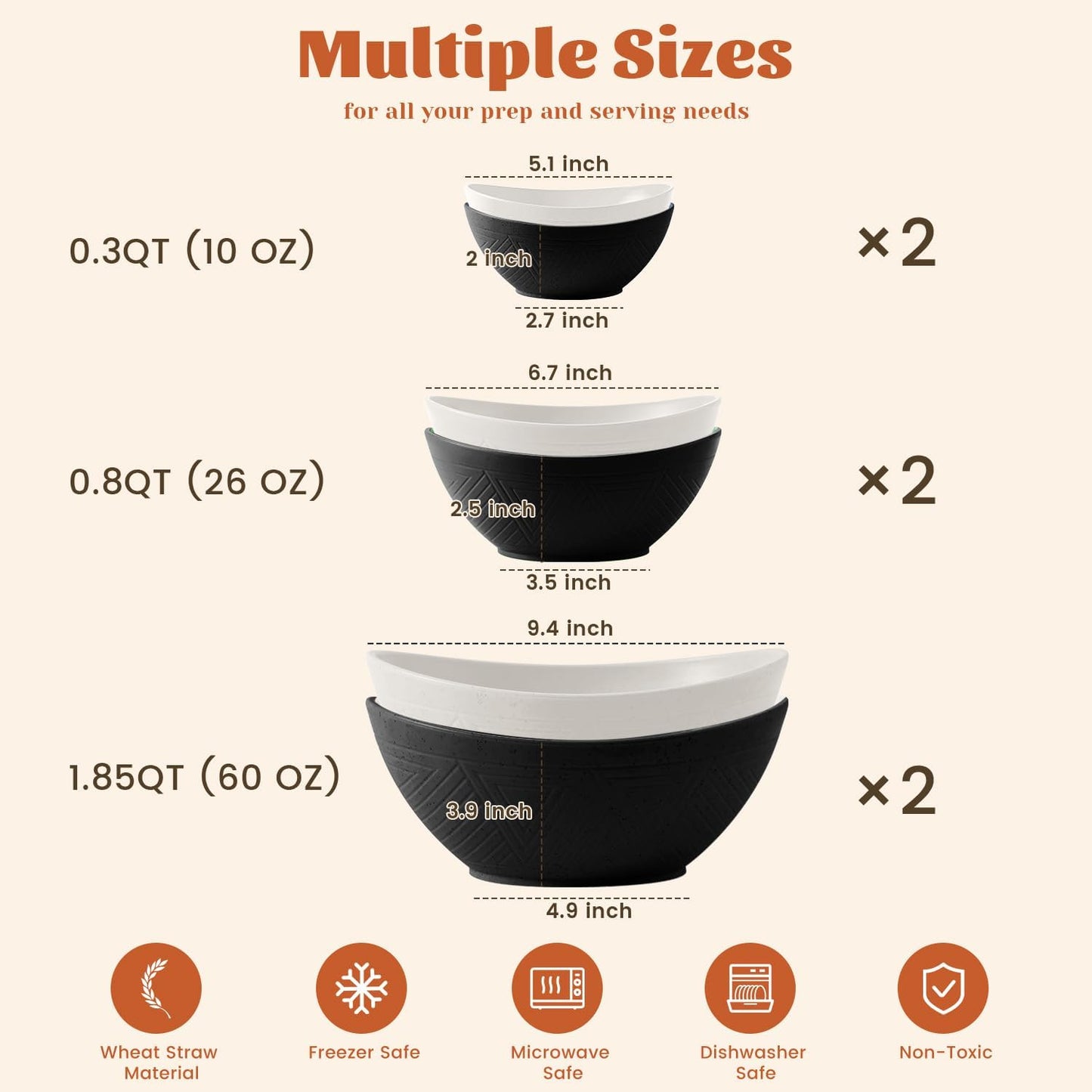 Wheat Straw Mixing Bowls Set - 6 Piece, Three Sizes (60 OZ, 26 OZ, 10 OZ), Microwave and Dishwasher Safe, Ideal for Salad, Snacks, and Cereal (Panda Color)