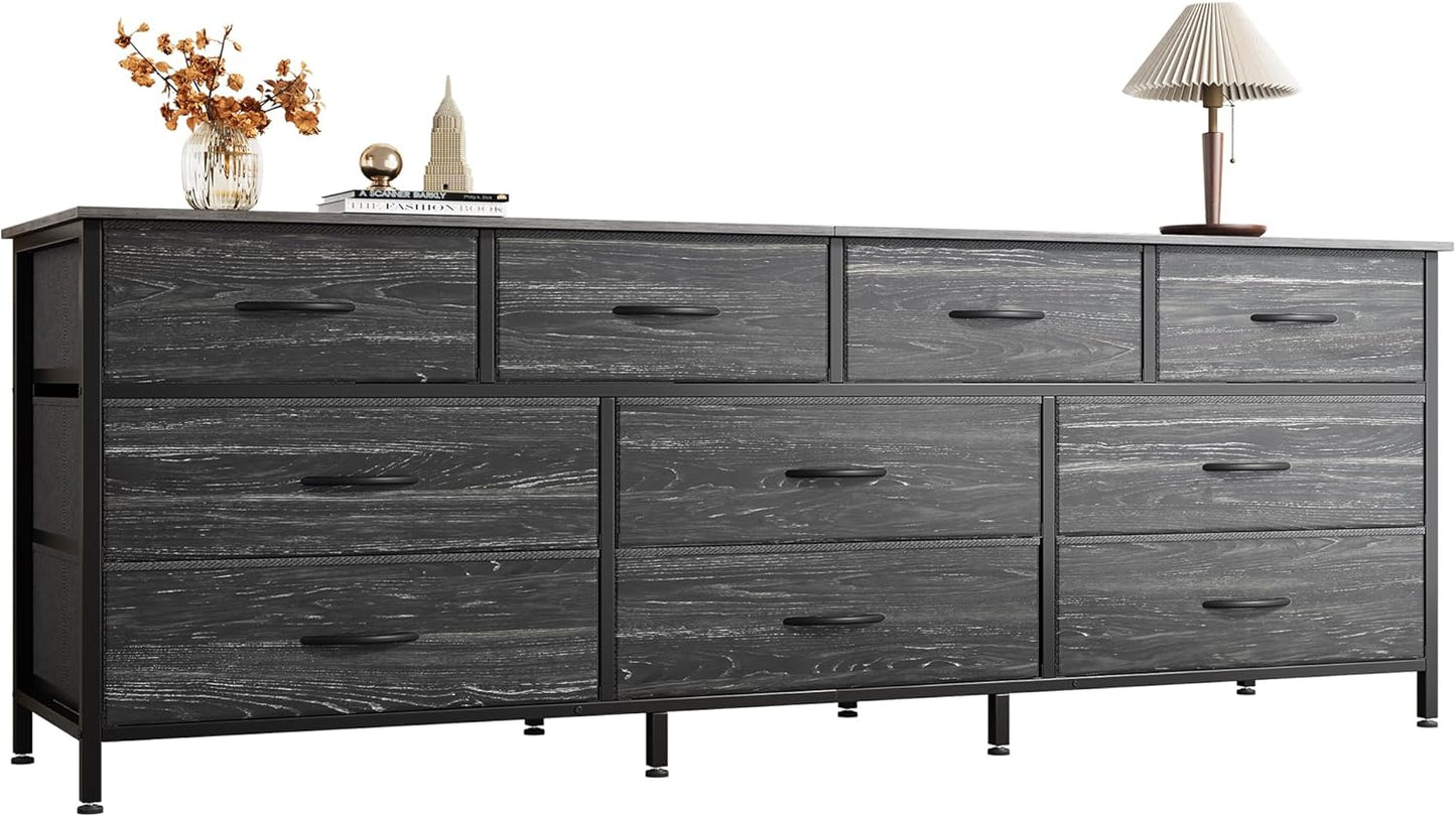 63-Inch Charcoal Black Wood Grain Dresser with 10 Fabric Drawers - Versatile Storage Solution for Bedroom and Living Room, Accommodates 55 to 70 Inch TVs
