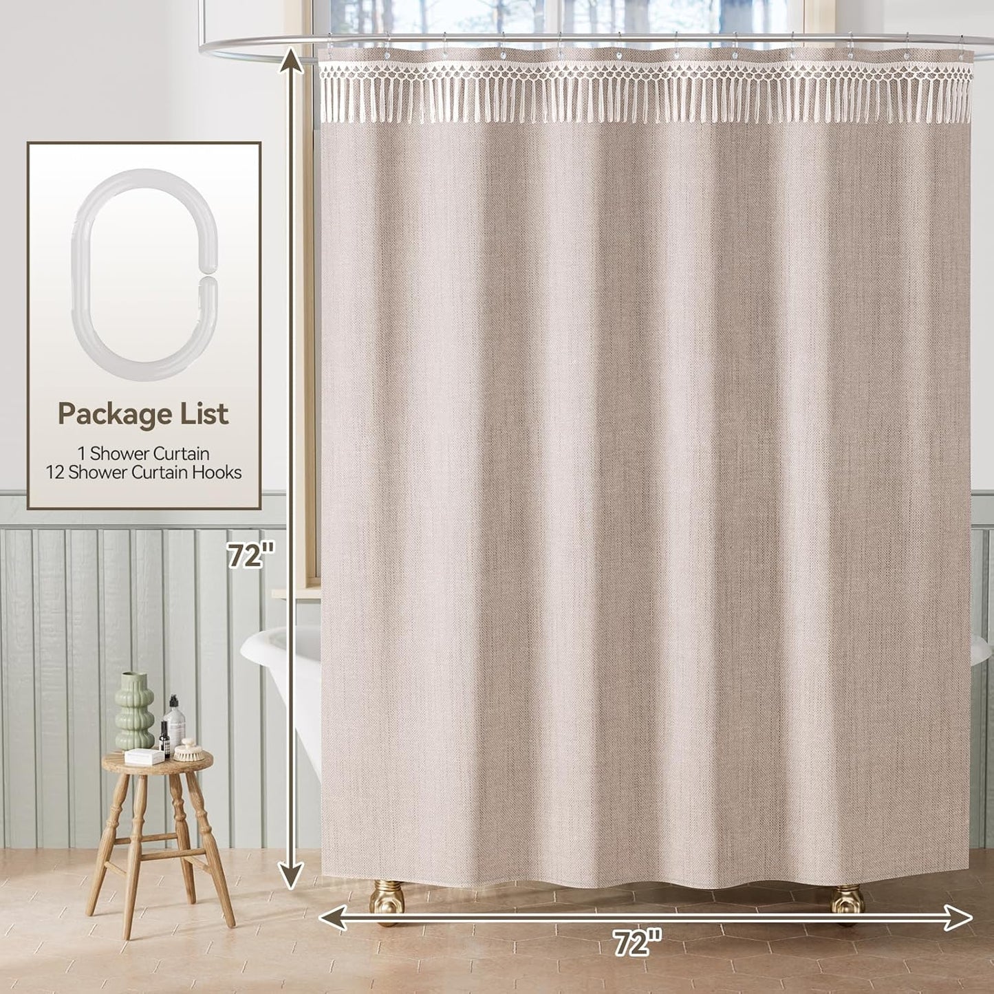 Boho Shower Curtain with Tassels Taupe, Tan Farmhouse Shower Curtain with Hooks, Faux Linen Fabric, Water-Repellent Neutral Fabric, 72X72 Inches