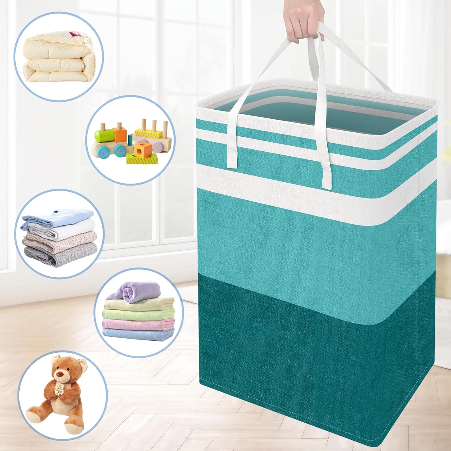 3-Pack Freestanding Waterproof Laundry Hamper, Collapsible Tall Clothes Basket with Easy Carry Handles for Family and Dorm Use, Gradient Green, 75L