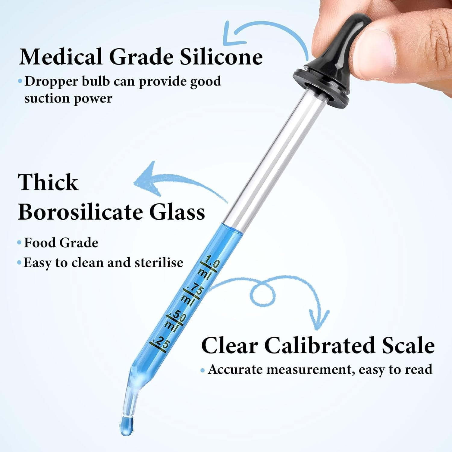 4 Pack 1Ml Glass Eye Dropper with Measurement, Glass Medicine Droppers Tool, Long & Short, Bent & Straight Tip Calibrated Pipettes Dropper, Accurate Dose Dropper Measurer for Essential Oils Ear Lab