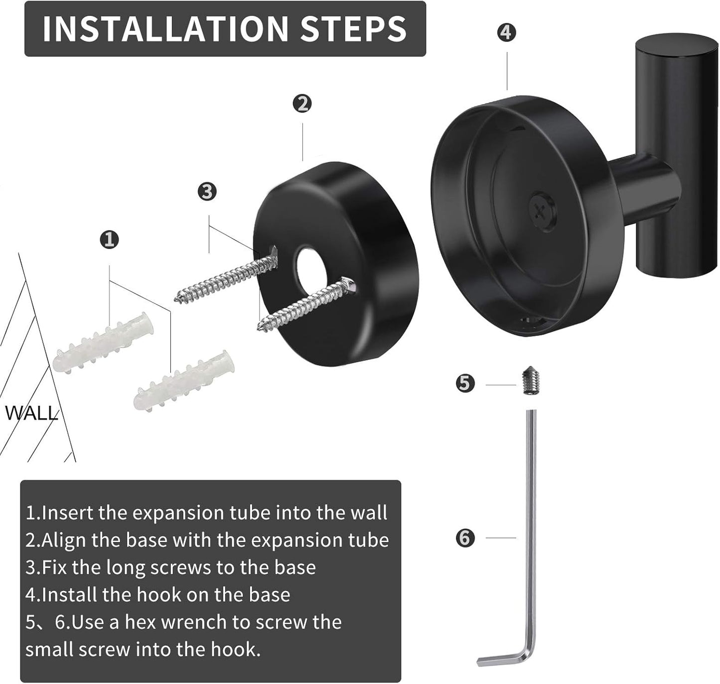 Wall Towel Hooks, Heavy Duty Holder Waterproof Bathroom Towel Hooks for Hanging Coat, Clothes, Closet Hook Wall Mount for Kitchen (Black, Drilling 4 Pack)