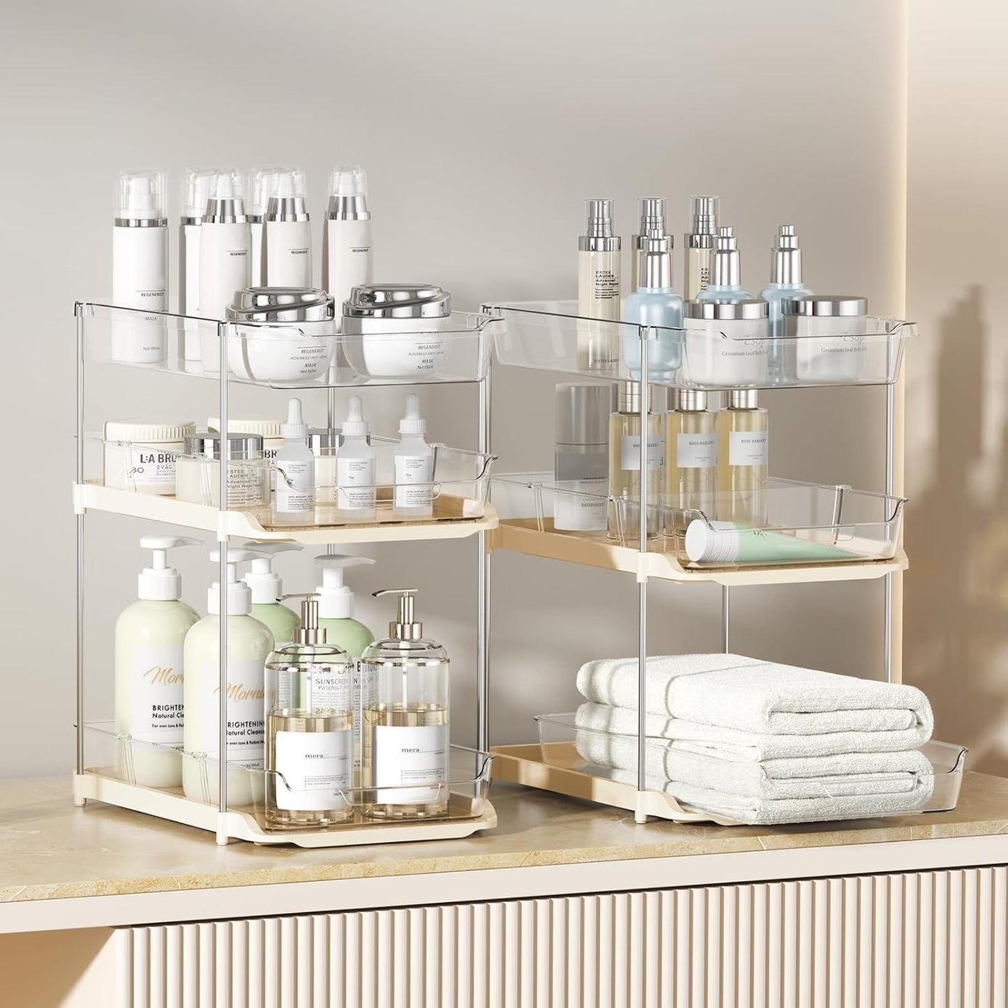2 Sets of 3-Tier Bathroom under Sink Organizers and Storage, Multi-Purpose Stackable Pantry Organization and Storage, Beige