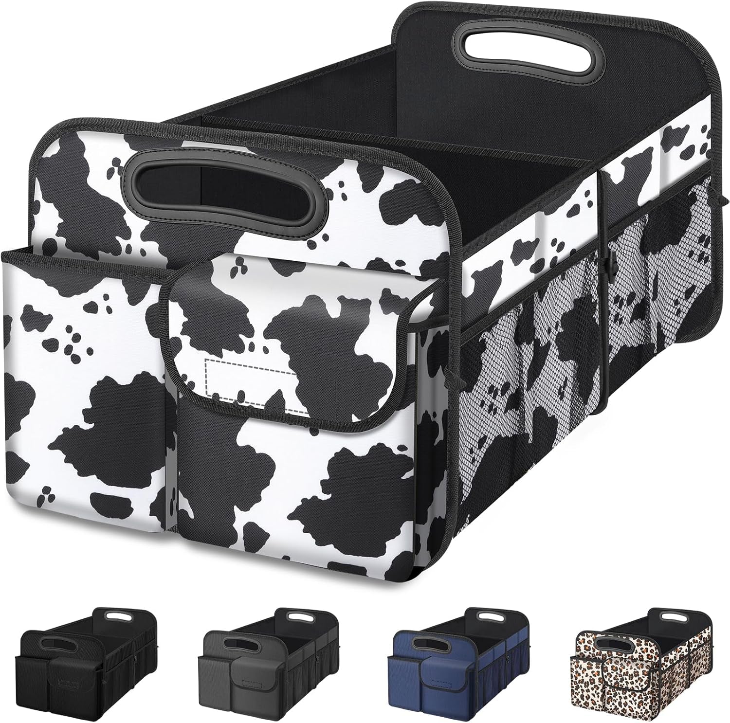 Car Trunk Organizer, Cow Print, Vintage Style, 52L Capacity, 4 Compartments, Waterproof, Non-Slip, Collapsible, 22.5"D X 18"W X 10.8"H