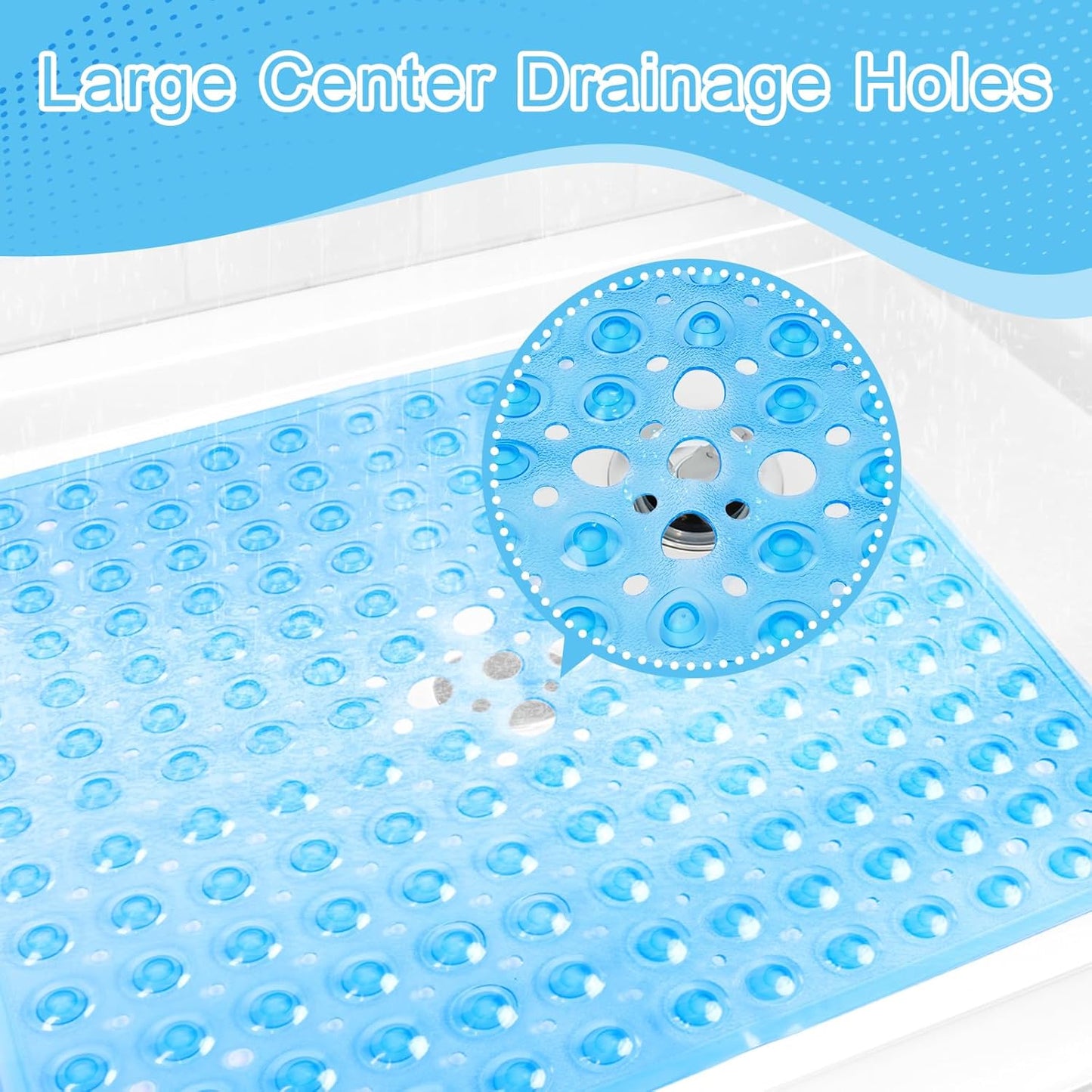 Shower Mat Non Slip 21 X 21 Inches, Square Shower Mat with Suction Cups and Drain Holes, Shower Stall Mat Machine Washable (Clear Blue)