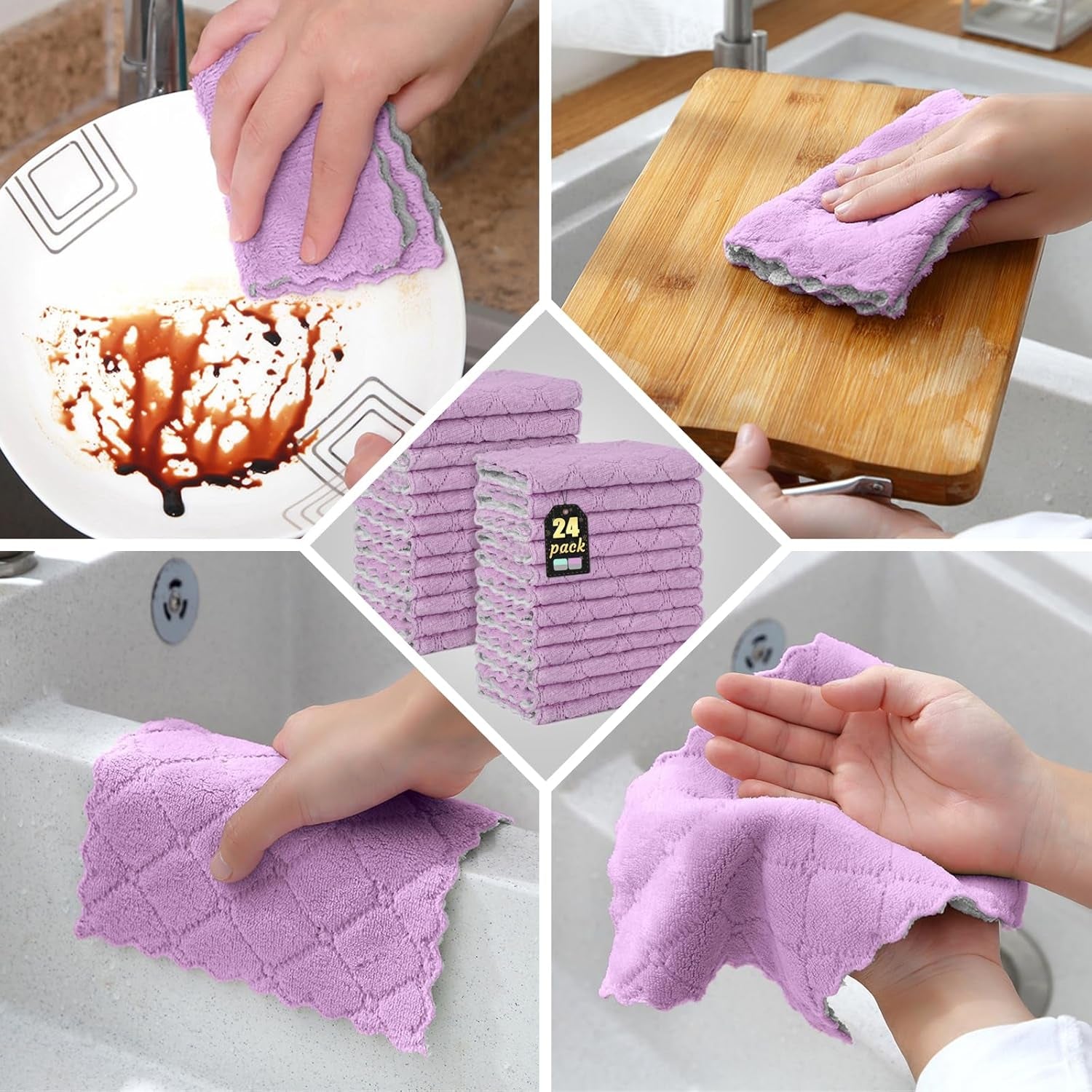 24 Pack Kitchen Cloth Dish Towels, Soft Premium Dishcloths, Highly Absorbent Multi-Purpose Dust and Stain Removal Cleaning Supplies for Kitchen Car Cleaning