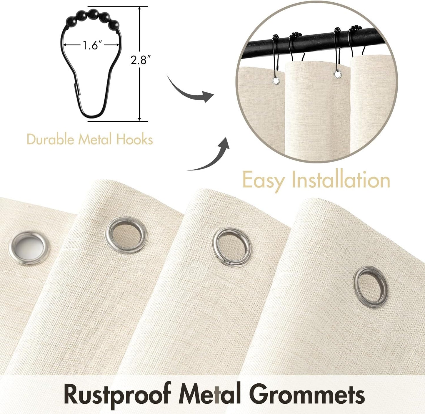 Extra Long Waterproof Linen Shower Curtain Set, 84 Inches with 12 Metal Hooks, Washable Heavy Fabric for Bathroom and Hotel, 72 x 84 Inches, Ivory