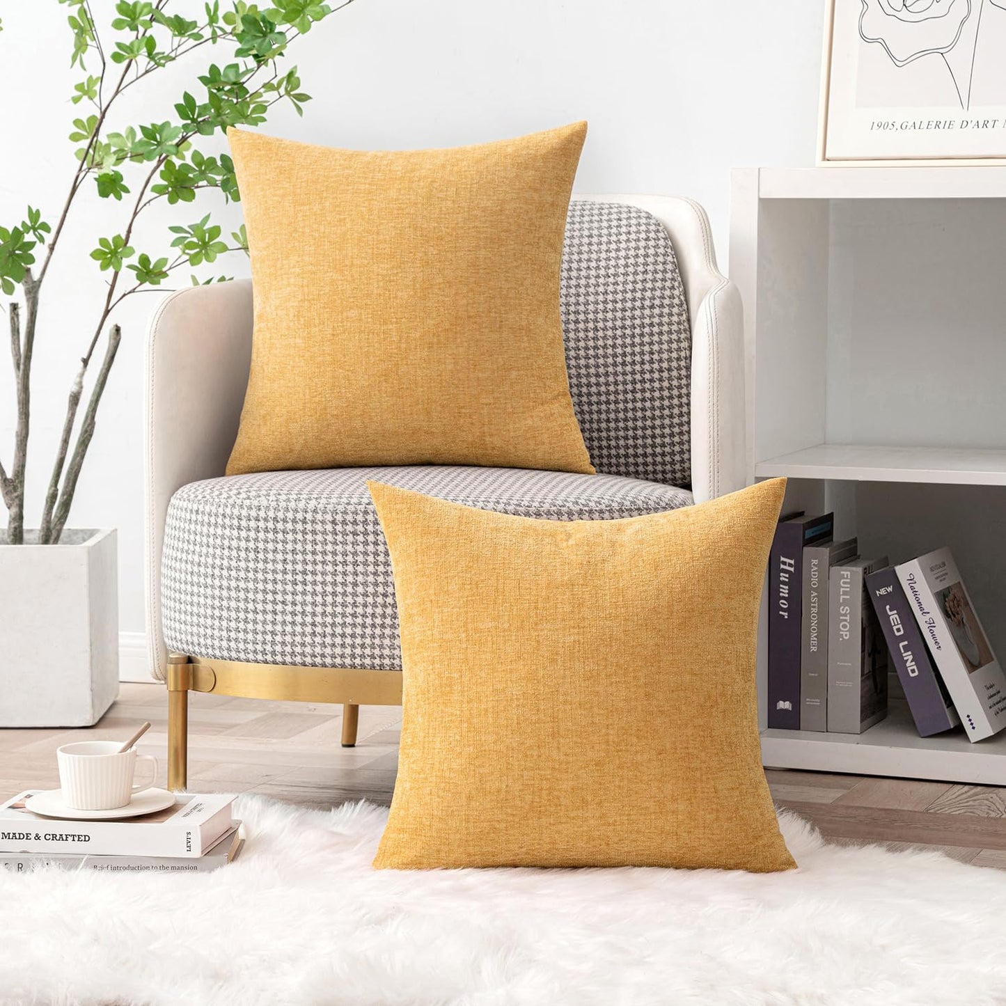 Pack of 2 Couch Throw Pillow Covers 18X18 Inch Soft Beige Yellow Chenille Pillow Covers for Sofa Living Room Solid Dyed Pillow Cases