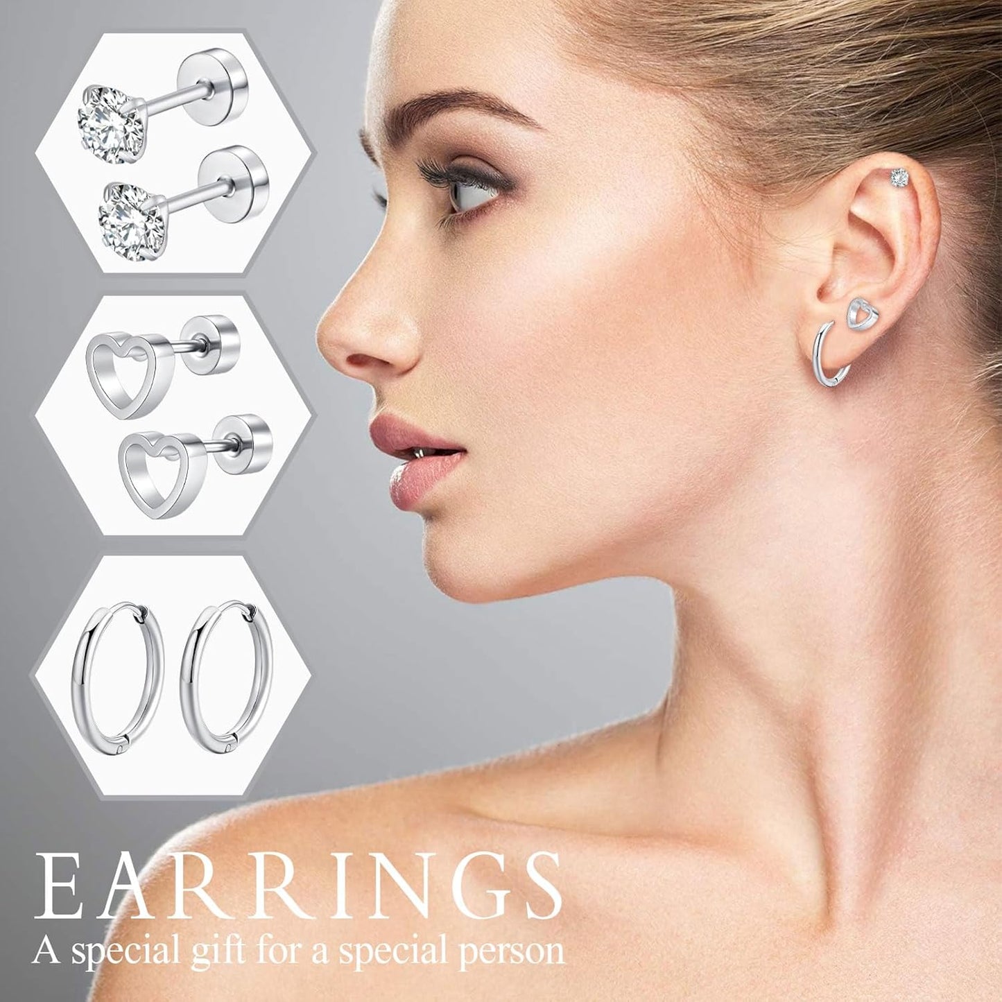 6 Pairs Stainless Steel Stud Earrings Set for Women Men Moon Heart Leaf Butterfly Circle CZ Studs Hypoallergenic Tiny Cartilage Stud Earrings Flatback Earrings