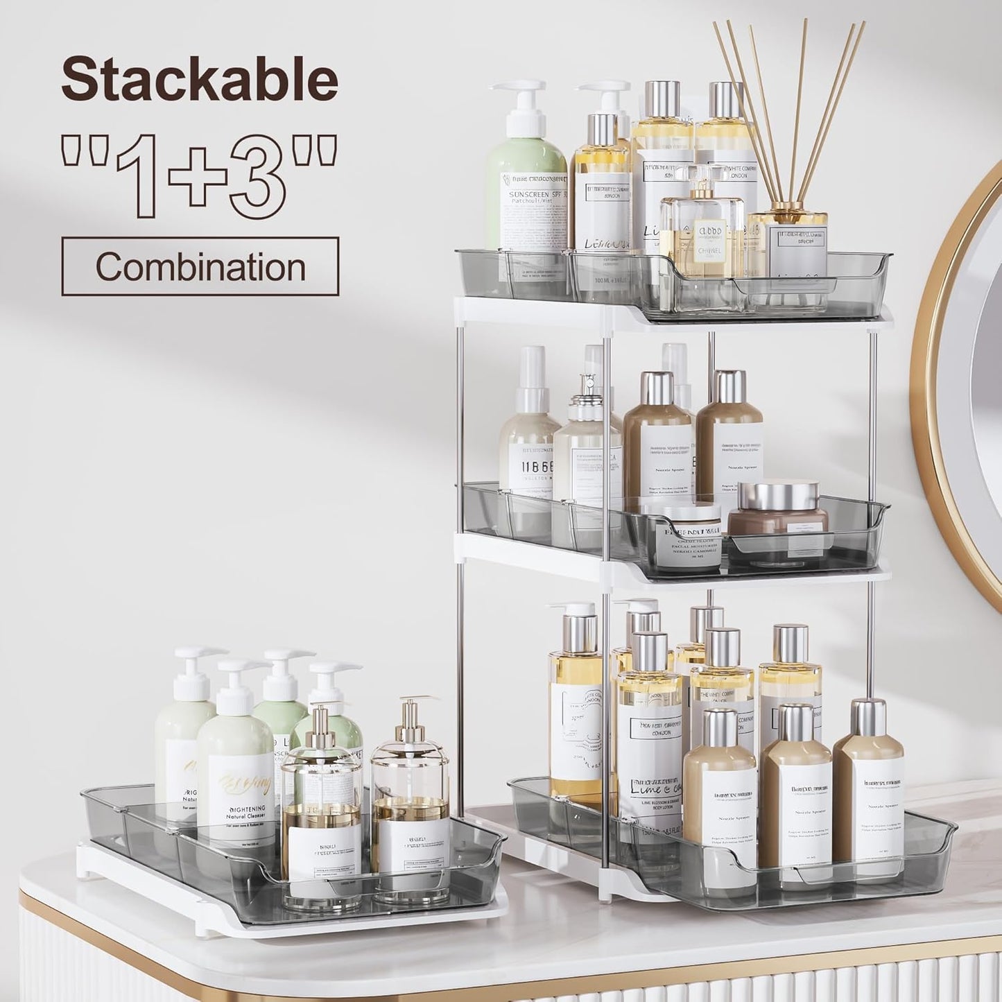 2 Sets of 2-Tier Multi-Purpose Bathroom Cabinet under Sink Organizers and Storage, Stackable Kitchen Pantry Organization and Storage, Grey