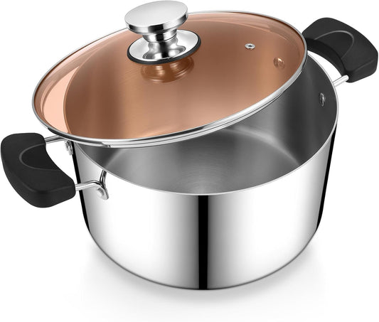 6 Quart Cooking Pot Stockpot with Lid,  Tri-Ply Stainless Steel Pot for Pasta Soup, Work on Multi Stove Tops, Heat-Resistant Pot Handles, Heavy-Duty & Dishwasher Safe