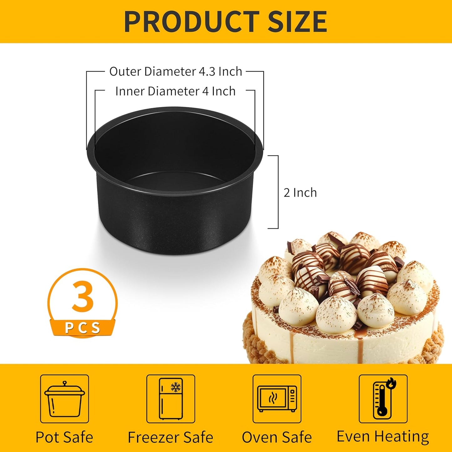 Cake Pan Set of 3, Non-Stick round Baking Cake Pans Tins for Tier Smash Cakes, Non-Toxic & Solid, Stainless Steel Core & Leak-Proof, 4 Inch
