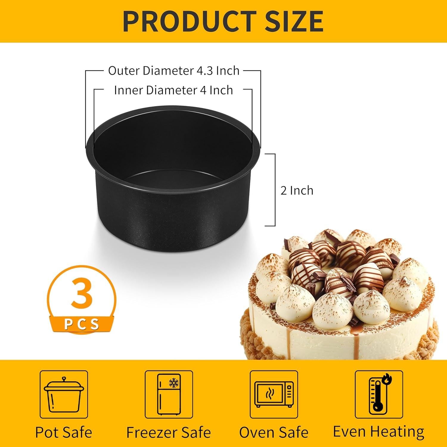 Cake Pan Set of 3, Non-Stick round Baking Cake Pans Tins for Tier Smash Cakes, Non-Toxic & Solid, Stainless Steel Core & Leak-Proof, 4 Inch