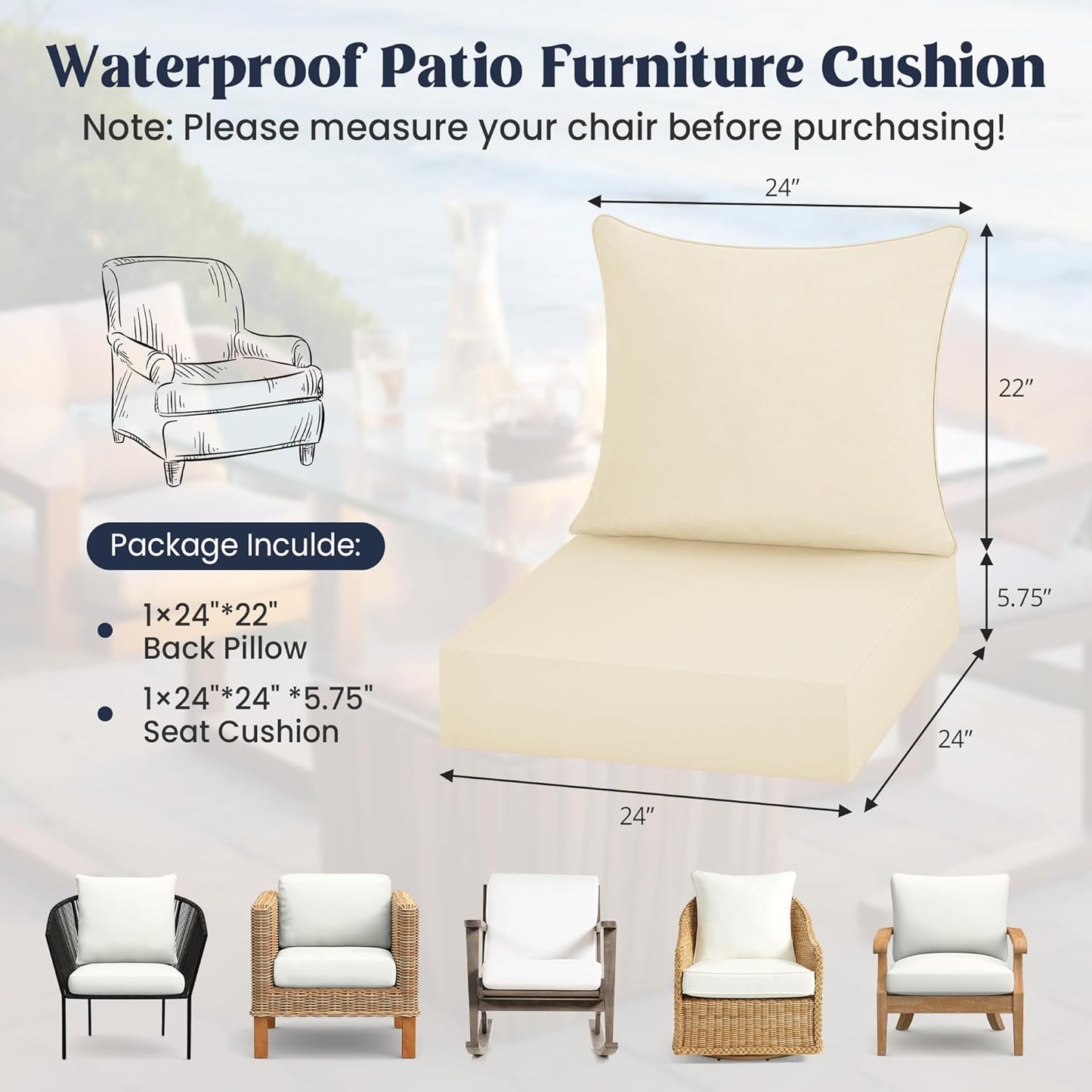 ® Outdoor Seat Cushions 24 X 24 X 5.75 Inch, Waterproof & Fade Resistant Patio Furniture Replacement Cushions with Removable Cover for Chair, Sofa, Couch, Wicker, Beige