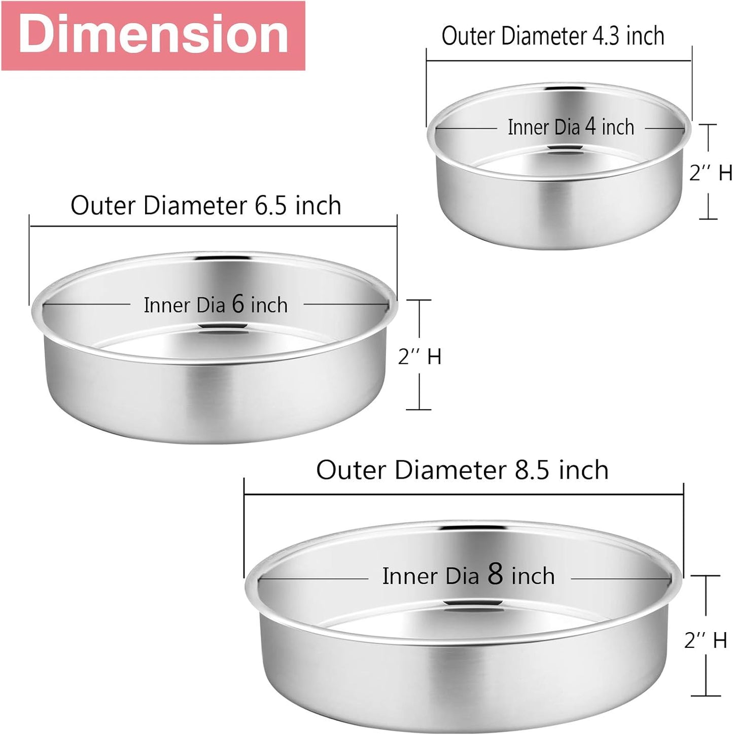 Cake Pan Set of 3, 4" + 6" + 8" round Baking Layer Tier Cake Pans Tins, Stainless Steel Bakeware for Birthday Weeding, Heavy Duty & Non Toxic, Mirror Finish & Dishwasher Safe