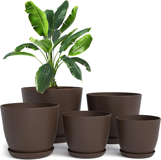 Plastic Planters - Flower Nursery Pots Indoor Modern Decorative Plastic Pots for Plants, Succulents, Flowers, and Cactus (5 Pack, Multisize, Brown)
