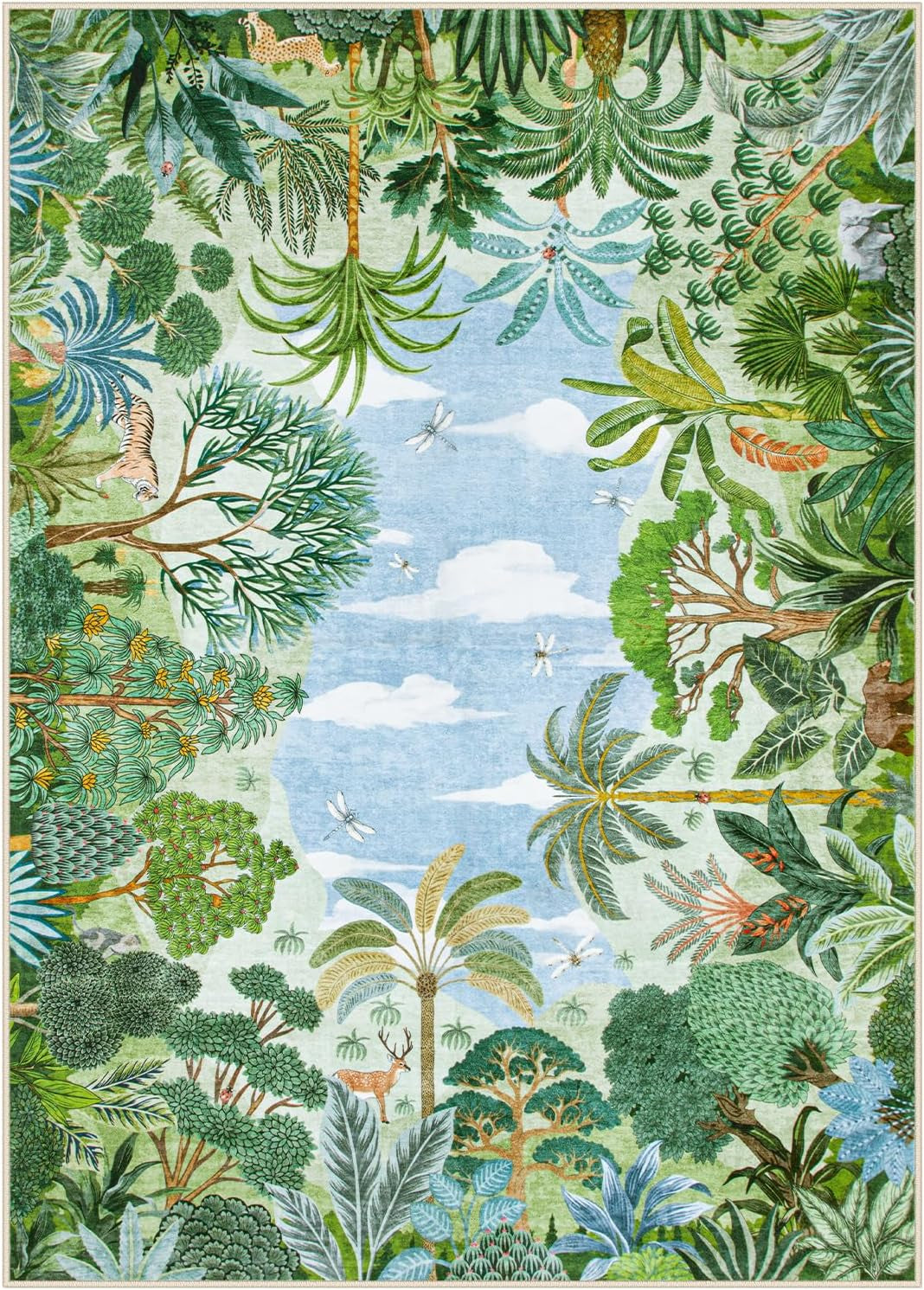 Summer Jungle Rug, Washable Rugs 5X7 for Bedroom, Green Forest Soft Carpet for Living Room, Summer Season Non Slip Non Shedding Dining Room Carpet for under Table Classroom Entryway