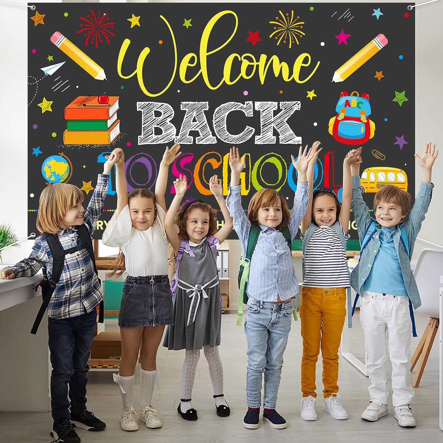 Welcome Back to School Backdrops, Welcome Back Bulletin Board Back to School Banner Sign Hanging Polyester Photography Background for First Day of School Classroom and Office Decorations,73X44 Inch