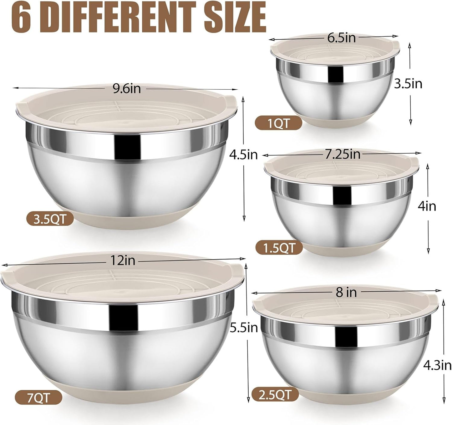 Mixing Bowls with Lids Set of 5, Stainless Steel Nesting Salad Bowl with Lid & Base for Non-Slip Mixing Prepping Storing Serving, 5 Sizes-7/3.5/2.5/1.5/1 QT, Khaki
