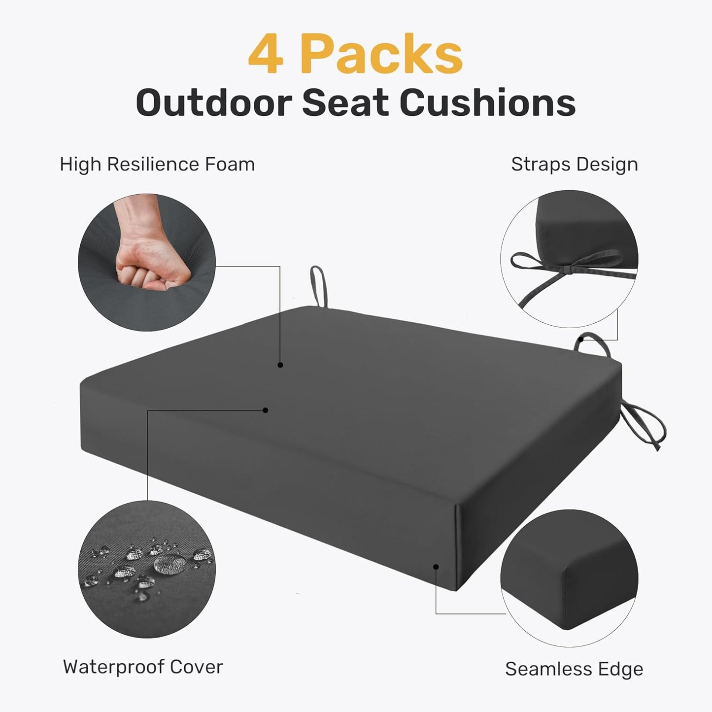 Outdoor Chair Cushions Pack of 4, Water Resistant Patio Cushions with Ties, High Density Sponge Filling Square Corner Seat Cushions for Outdoor Furniture, 18.5"*16"*3", Grey