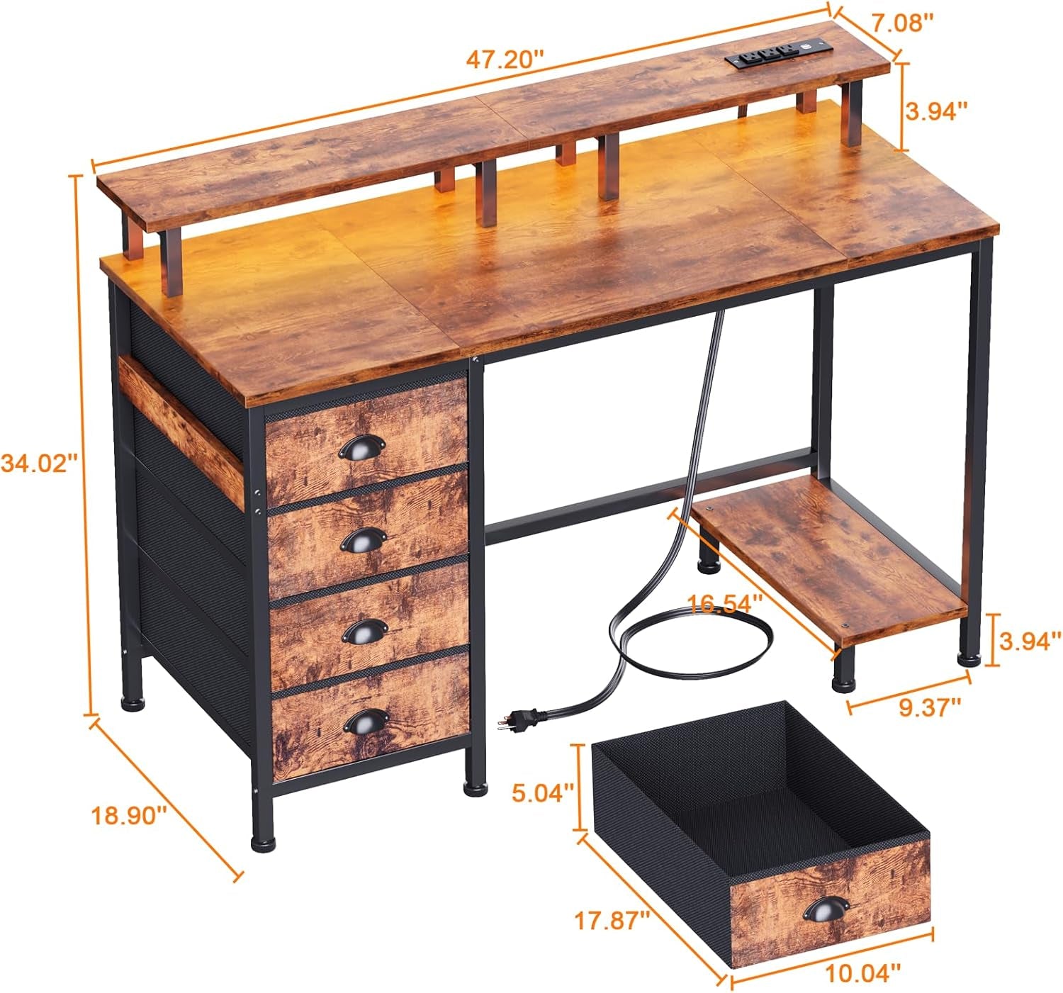 47" Computer Desk with 4 Fabric Drawers & Monitor Stand, Gaming Desk with Power Outlets - LED Lights, Home Office Space-Saving Study Table for Bedroom Small Spaces (Rustic Brown)