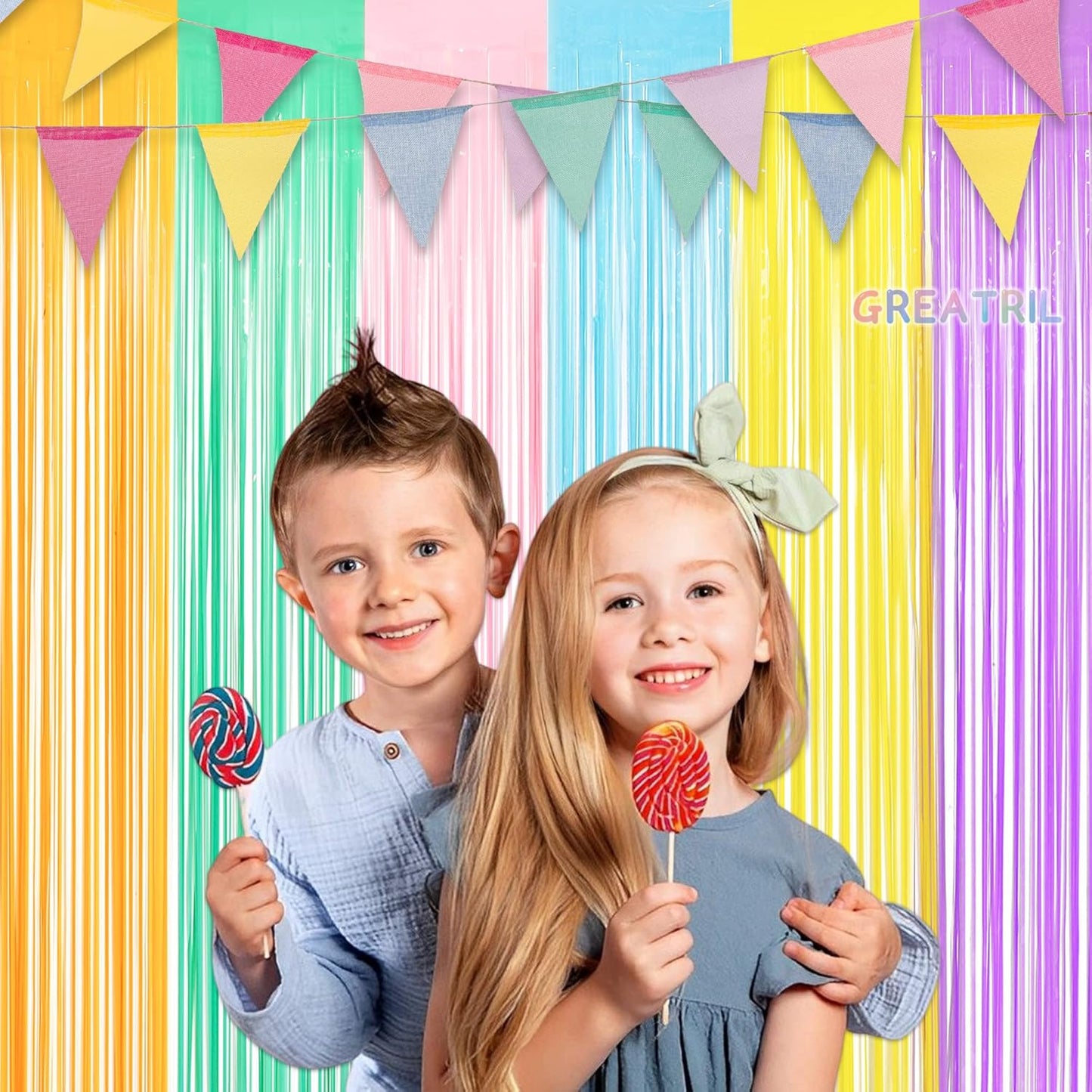Pastel Tinsel Curtain 2 Packs and Pennant Banners 4 Strings