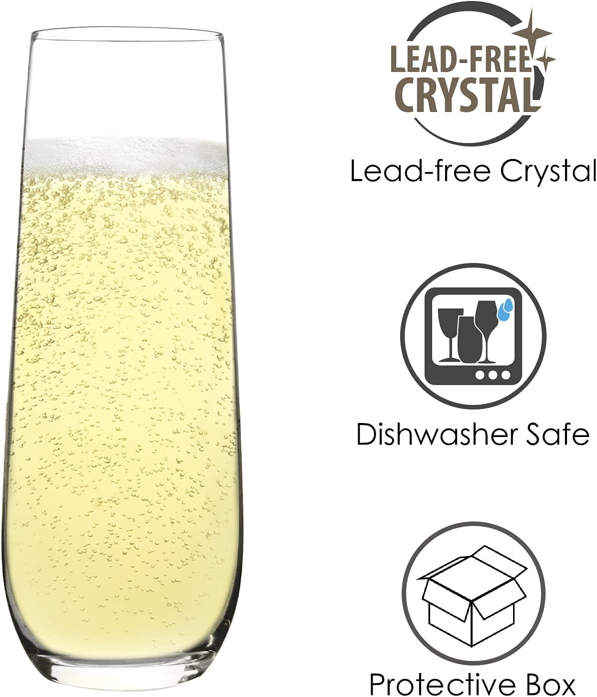 Set of 12 Stemless Crystal Champagne Flutes, 8 Oz Prosecco and Mimosa Glasses