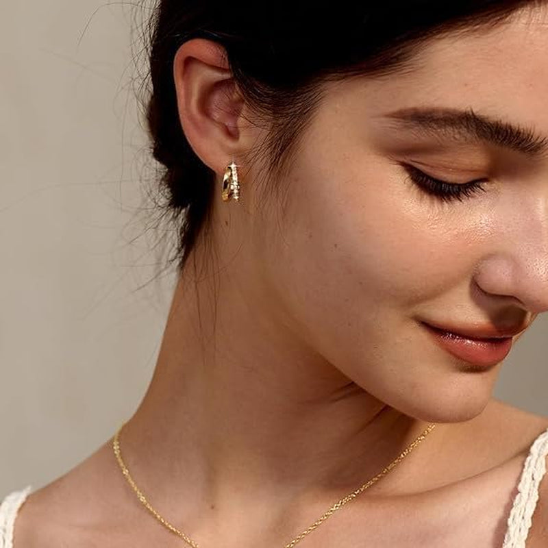 Small Huggie Hoop Earrings for Women, 14K Gold Plated Double Hoop Earrings, Cubic Zirconia Huggies Mini Hoop Earrings for Teen Girls