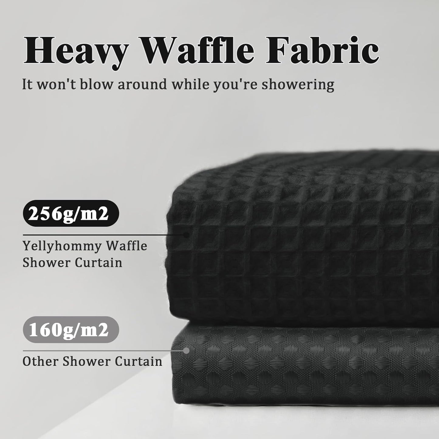 Waffle Shower Curtain and Liner Set, 3 in 1 Shower Curtain Set with Waterproof EVA Liner and Double Sided Hooks for Bathroom Black,36W X72L