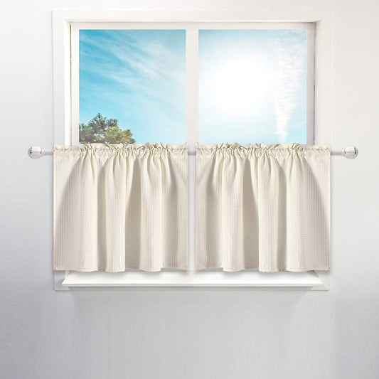 Waffle Weave Half Window Tier Curtains: RV Curtain with 24 Inch Short Length for Small Window in Kitchen & Bathroom, Waterproof and Washable - Cream, W36 Inch X L24 Inch for Each Panel, Set of 2