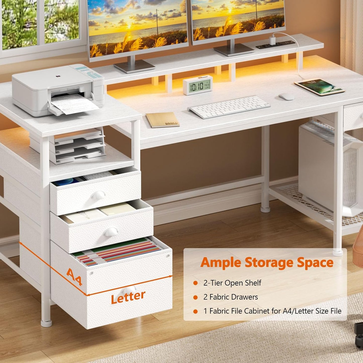 60" White Office Computer Desk with 4 Drawers,Gaming Desk with LED Lights and Power Outlets,Long Desk with Fabric File Cabinet,Study Writing Work Table with Shelf for Bedroom Home Office