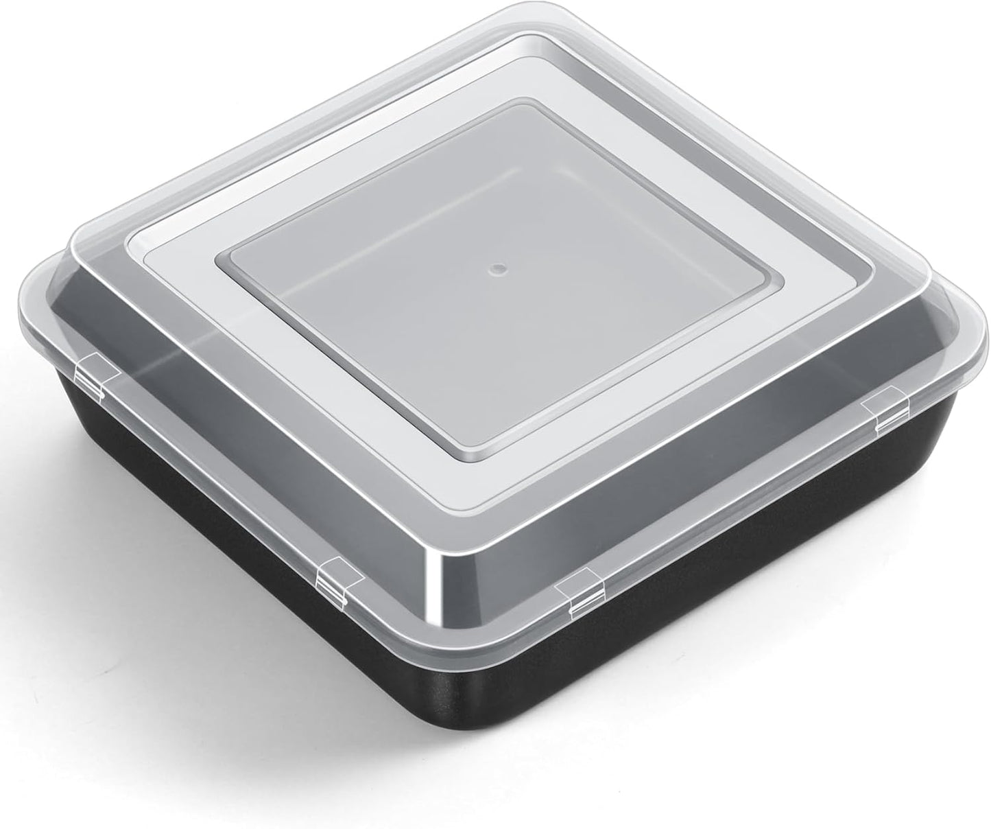 Square Baking Pan with Lid, Nonstick Stainless Steel Square Cake Pan and Plastic Lid, Black Bakeware Tin for Lasagna Brownies, Sturdy & Easy Clean, (8 Inch, 2Pcs)