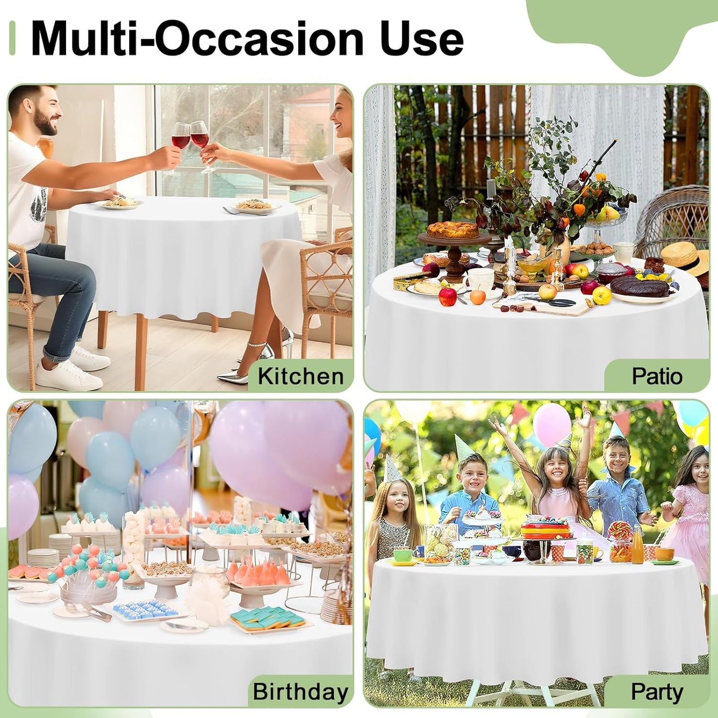 4 Packs Disposable Plastic Table Cloth, 84" round Waterproof Tablecloth, Leakproof & Sturdy Decorative Table Covers for Picnic, Party and Outdoor, White