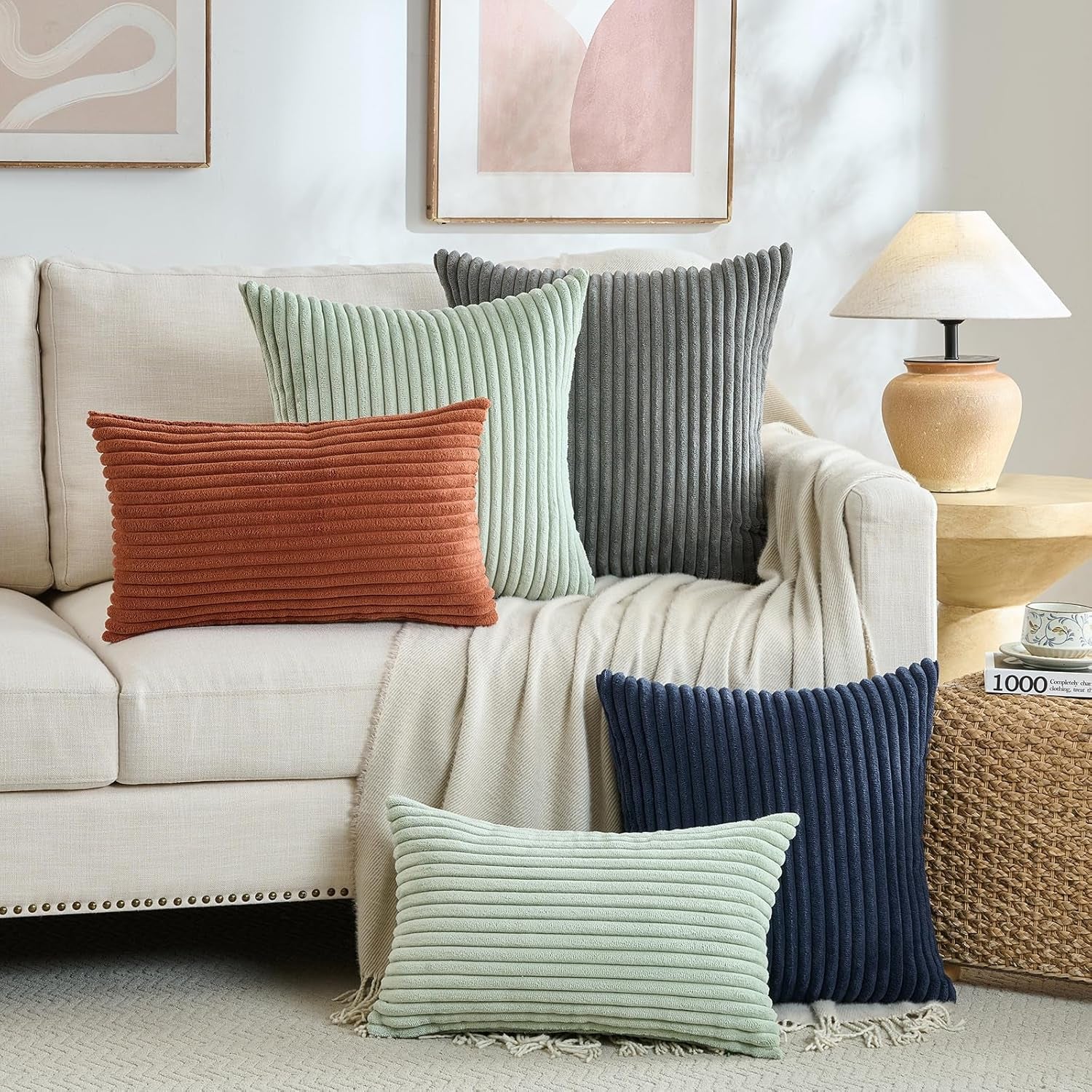 Set of 2 Sage Green Boho Decorative Throw Pillow Covers 16X16 Inch for Bedroom Couch Bed, Soft Fuzzy Cozy Striped Corduroy Cushion Case, Bohemian Home Decor, Men Women Teen Girls Gift