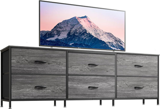 63-Inch Dresser and TV Stand Combination for Bedrooms, Accommodates 55 to 70 Inch TVs, Features 6 Fabric-Drawer Storage Solution, Ideal for Bedroom and Entryway, Grey Finish